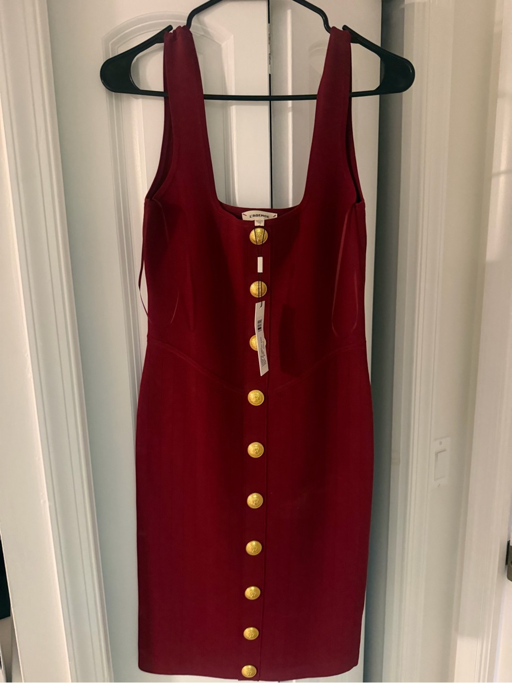 L'AGENCE Burgundy Midi Dress with Gold Buttons